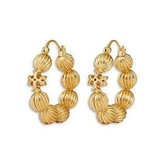 NWOT Tory Burch Gold Roxanne Fluted Bead Hoop Earrings - Picture 1 of 7